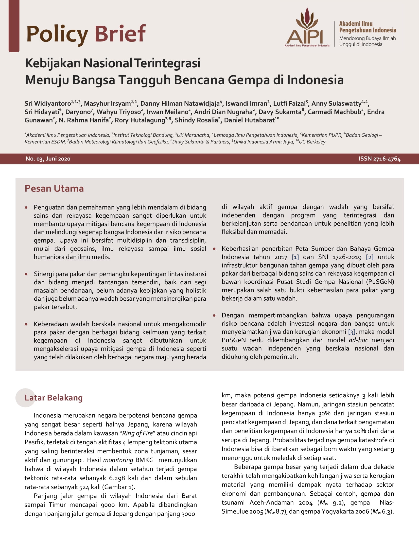 Policy Brief, No. 03, Juni 2020, Kebijakan Nasional Terintegrasi Menuju Bangsa Tangguh Bencana Gempa di Indonesia
