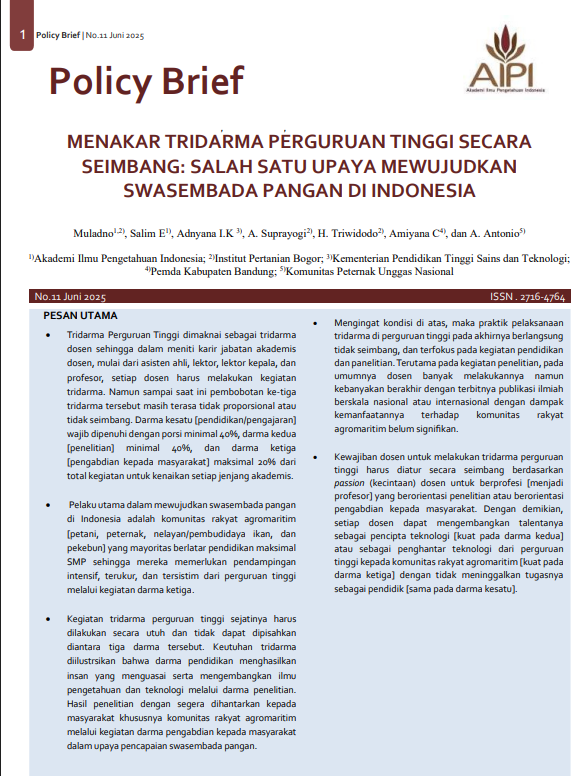 Policy Brief No.11 Juni 2025, Menakar Tridarma Perguruan Tinggi Secara Seimbang: Salah Satu Upaya Mewujudkan Swasembada Pangan di Indonesia