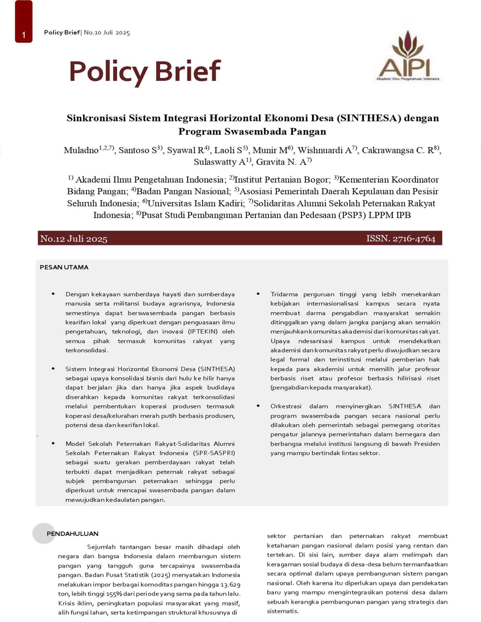 Policy Brief, No.12, Juli 2025, Sinkronisasi Sistem Integrasi Horizontal Ekonomi Desa (SINTHESA) dengan Program Swasembada Pangan