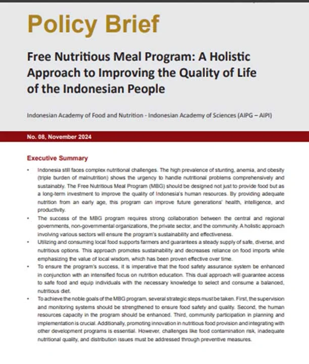 Policy Brief: No. 08, November 2024. Free Nutritious Meal Program: A Holistic Approach to Improving the Quality of Life of the Indonesian People